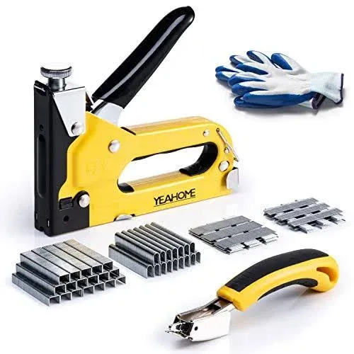 Upholstery 4 in 1 Staple Gun Heavy Duty, with 6000 Staples, Remover, Gloves, Manual Brad Nailer Power Adjustment Stapler Gun for Wood, Upholstery,