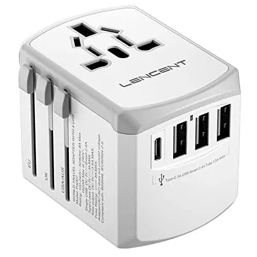 LENCENT Universal Travel Adapter, International Charger with 3 USB Ports and Type-C PD Fast Charging Adaptor for iPhone, Samsung, Tablet, GoPro. for O