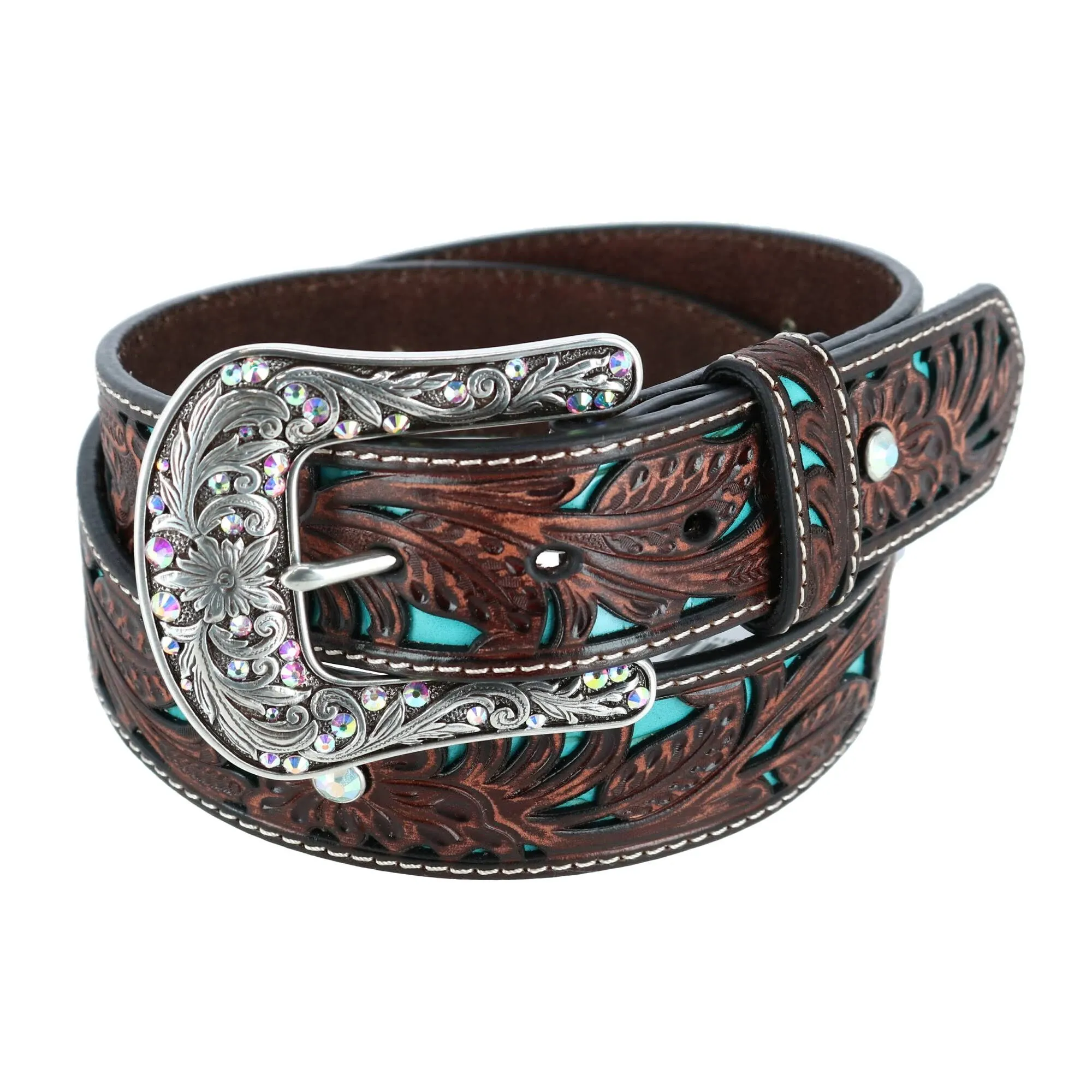 Ariat Women's Tooled Turquoise Leather Inlay Belt Brown Medium