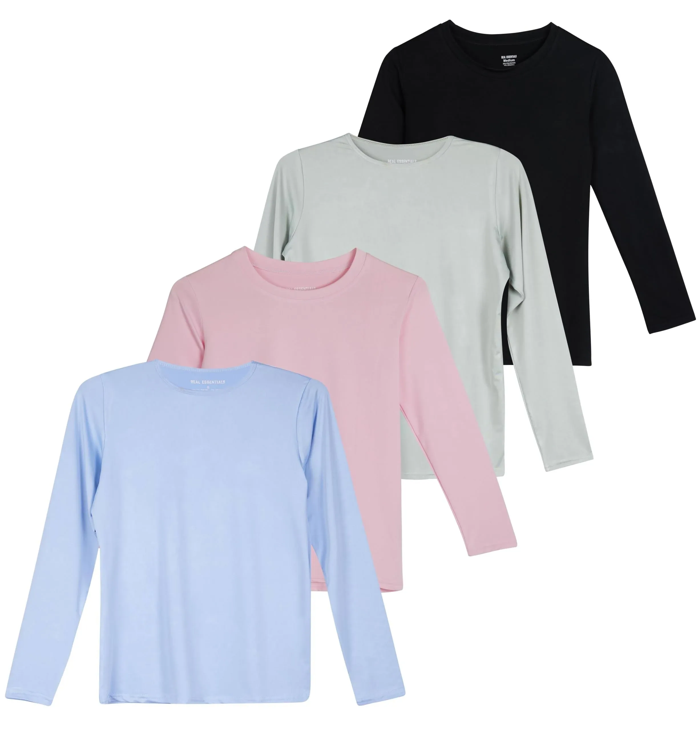 Real Essentials 4 Pack: Girls Dry-Fit Long Sleeve Active Crew Neck T-Shirt - Super Soft Tee