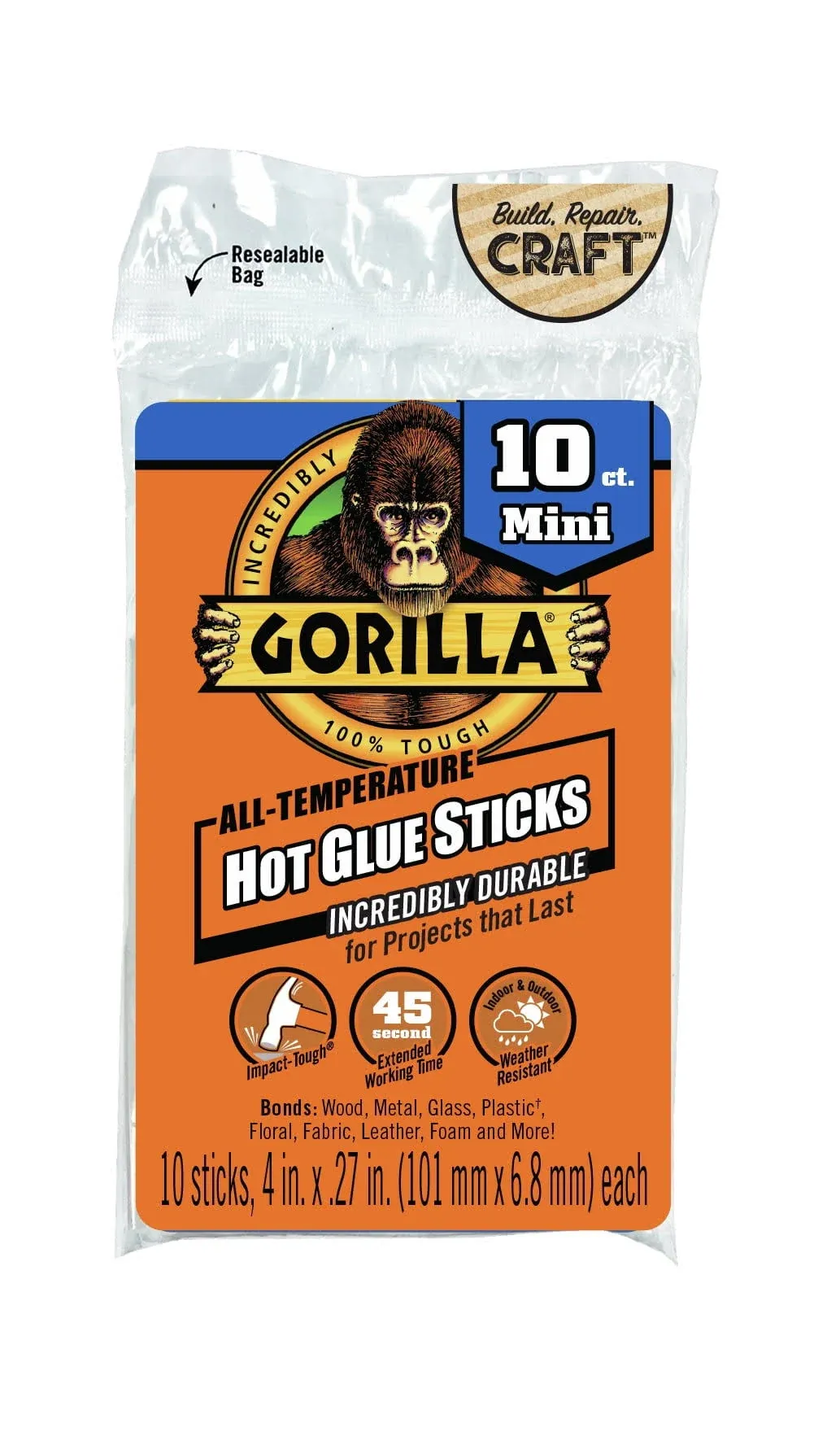 Gorilla - 3021002 - .27 in. Dia. x 4 in. L All Purpose Mini Glue Sticks Clear - 10/Pack