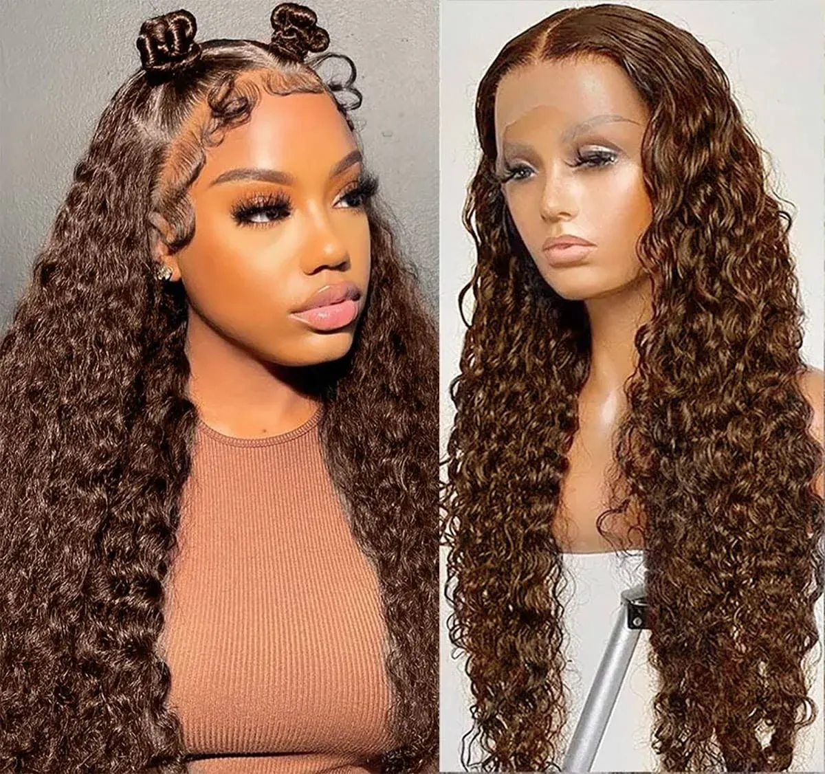 Brazilian 13X4 Chocolate Brown Deep Curly Wave Transparent Lace Front Wigs