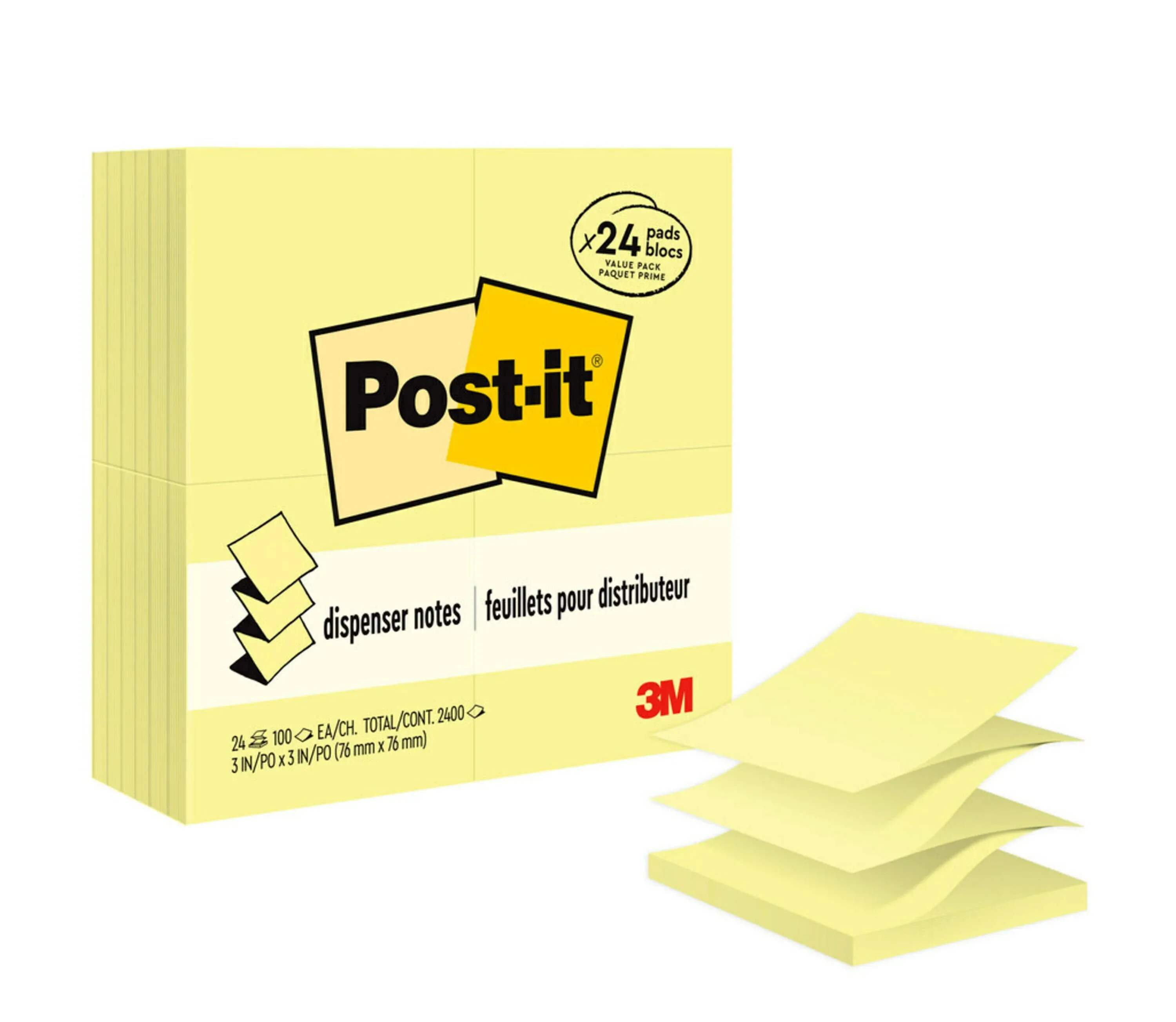 Post-it Pop-up Notes Original Canary Yellow Pop-up Refill Value Pack, 3" x 3", Canary Yellow, 100 Sheets/Pad, 24 Pads/Pack