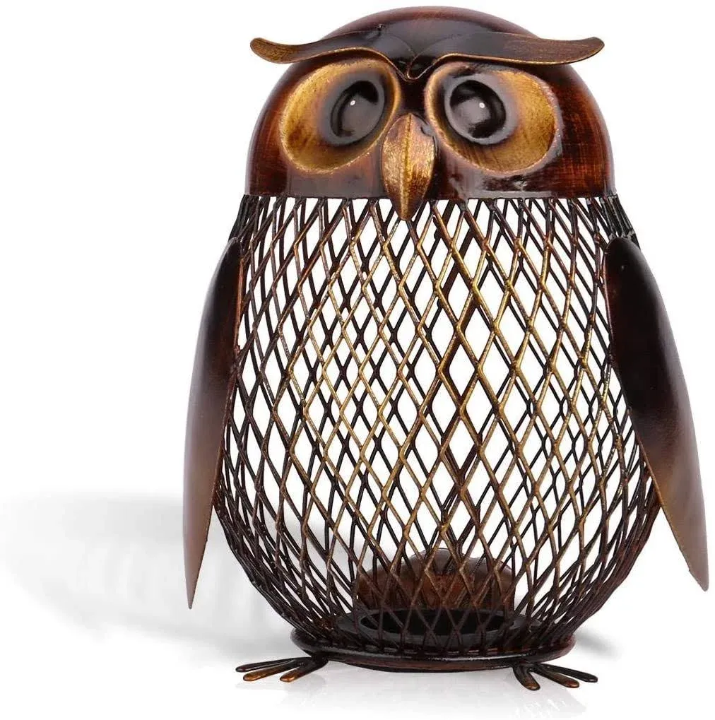 Tooarts Owl Shaped Metal Coin Bank Box Handwork Crafting Art 