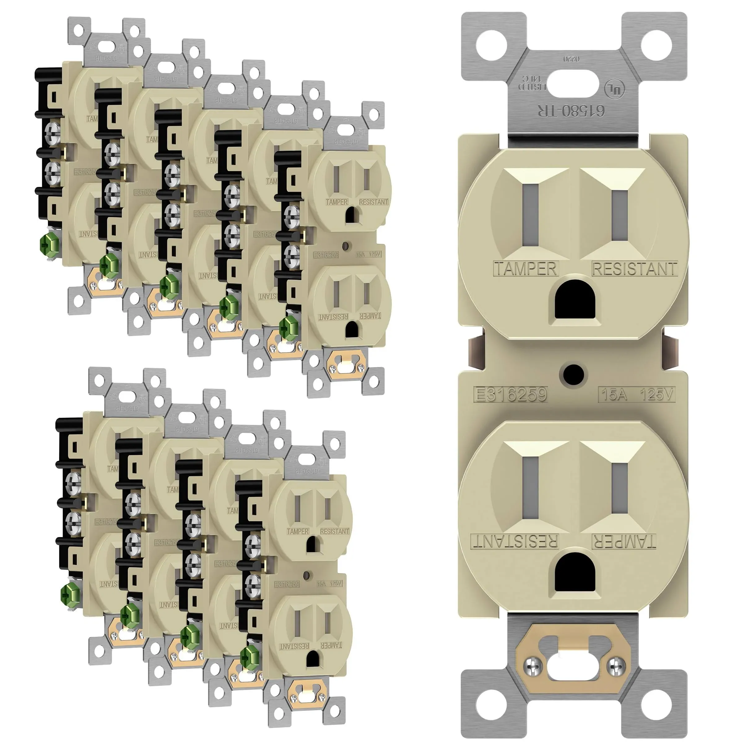 Enerlites Duplex Receptacle Outlet, Tamper-Resistant, Residential Grade, 3-Wire, Self-Grounding, 2-Pole,15A 125V, UL Listed, 61580-tr-i-10pcs, 4.06"