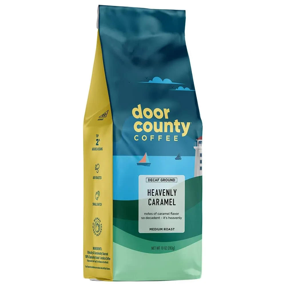 Door County Coffee Heavenly Caramel Decaf Flavored Coffee | 10oz Bag | Ground Coffee Medium Roast | 100% Arabica Coffee | Heavenly Caramel Decaf