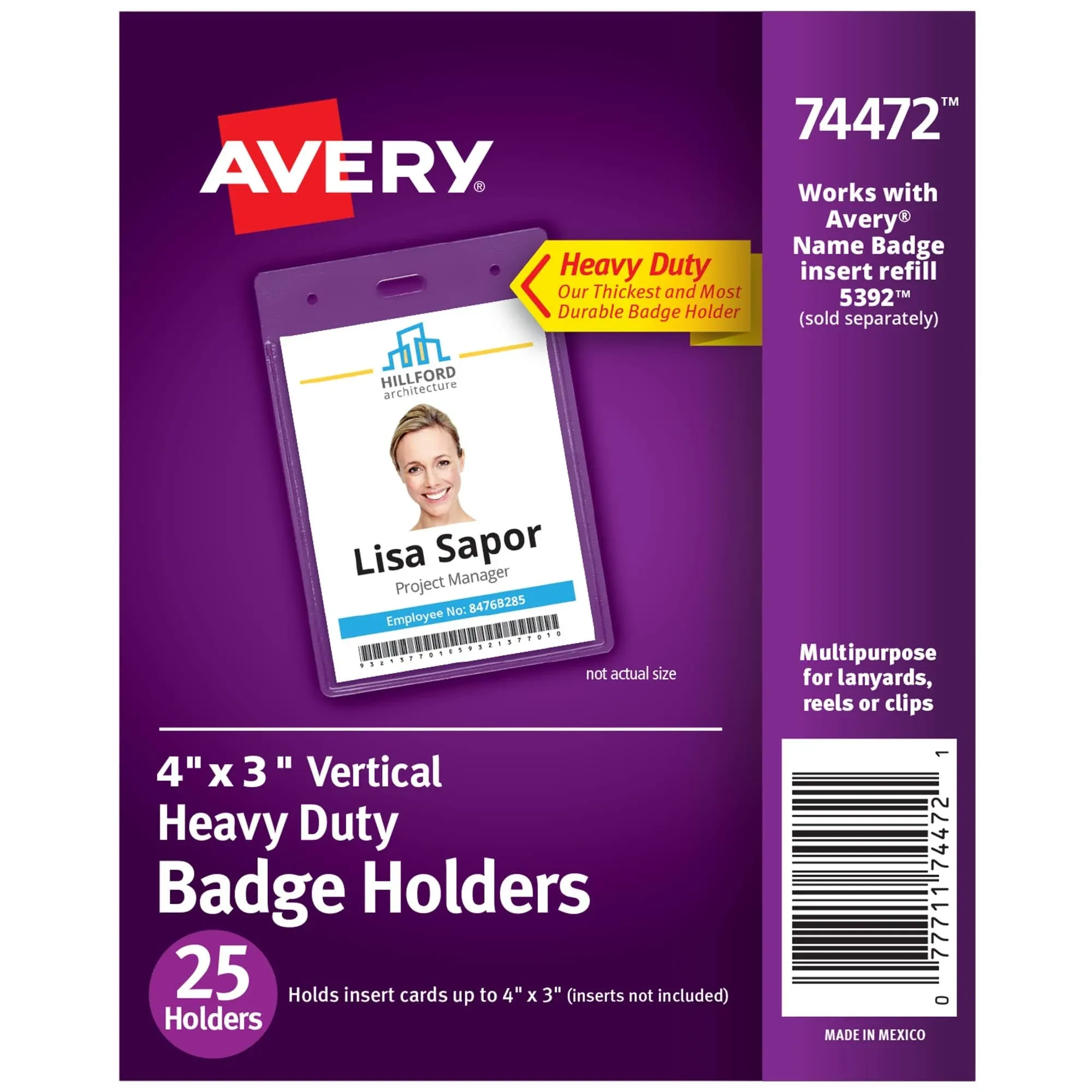 Avery - Secure Top Heavy-Duty Badge Holders, Vertical, 3W x 4H, Clear, 25/Pack