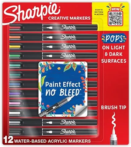 Sharpie Creative Markers, Fine Brush Tip, Assorted Colors, 12/Pack