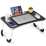 Foldable Laptop Table, Portable Lap Desk Bed Table Tray, Laptop Stand with Cup Holder & Tablet Slot & Lifting Handle for Working Writing Drawing & Eating (Wood)