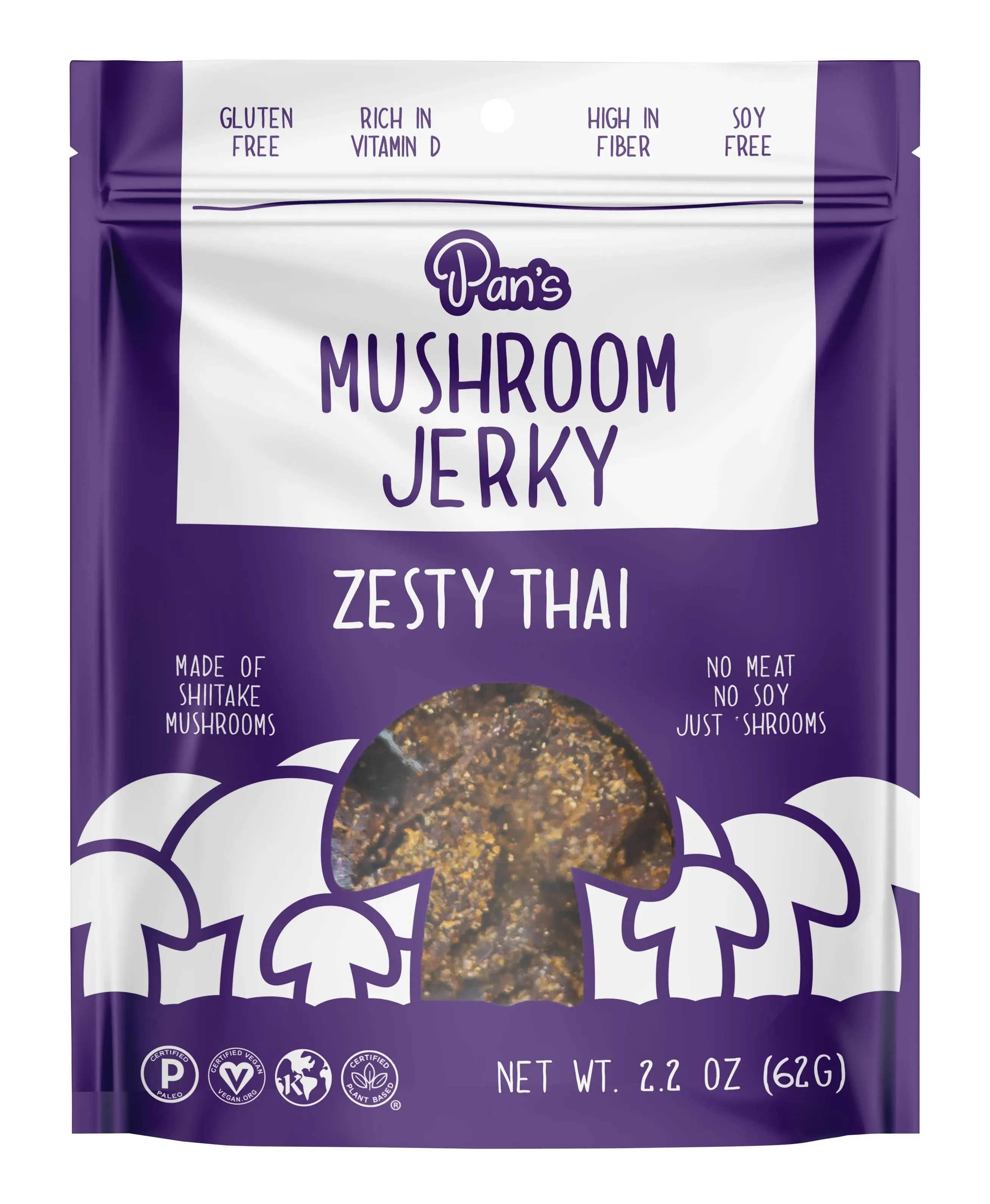 Pan's Mushroom Jerky, Organic, Vegan Snacks, Dried Mushrooms Shitake, Plant based Jerky, Meatless Jerky, Gluten Free, High in Fiber, with Zesty Thai flavor (2.2 Ounce, Pack of 1)