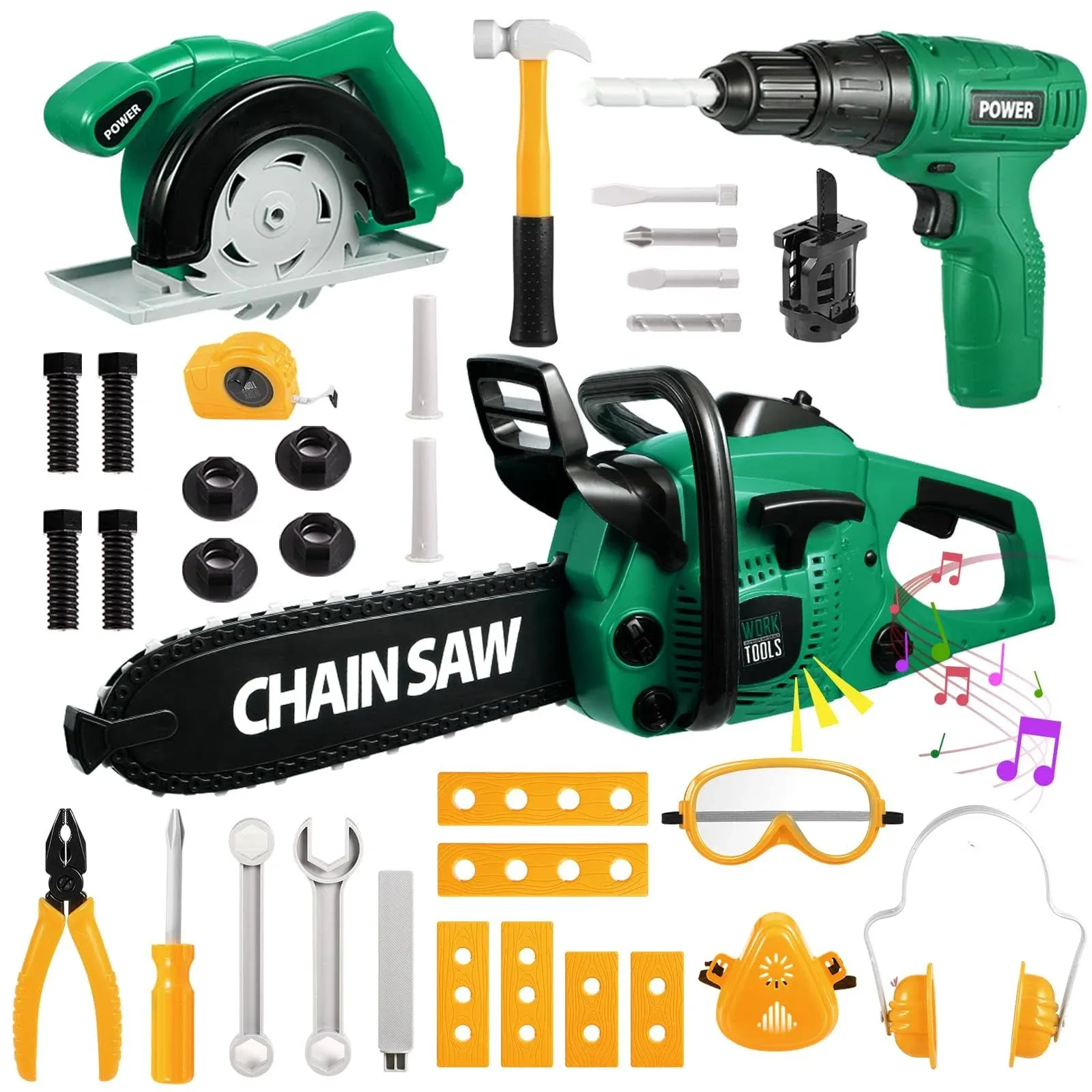 Vextronic Kids Tool Set 36 PCS with Electric Toy Chainsaw Drill Circular Saw with Realistic Sounds, Toy Tool Set for Toddlers 3 4 5 6 7 8, Pretend Play Kids Power Tools Kit Gift for Boys Girls