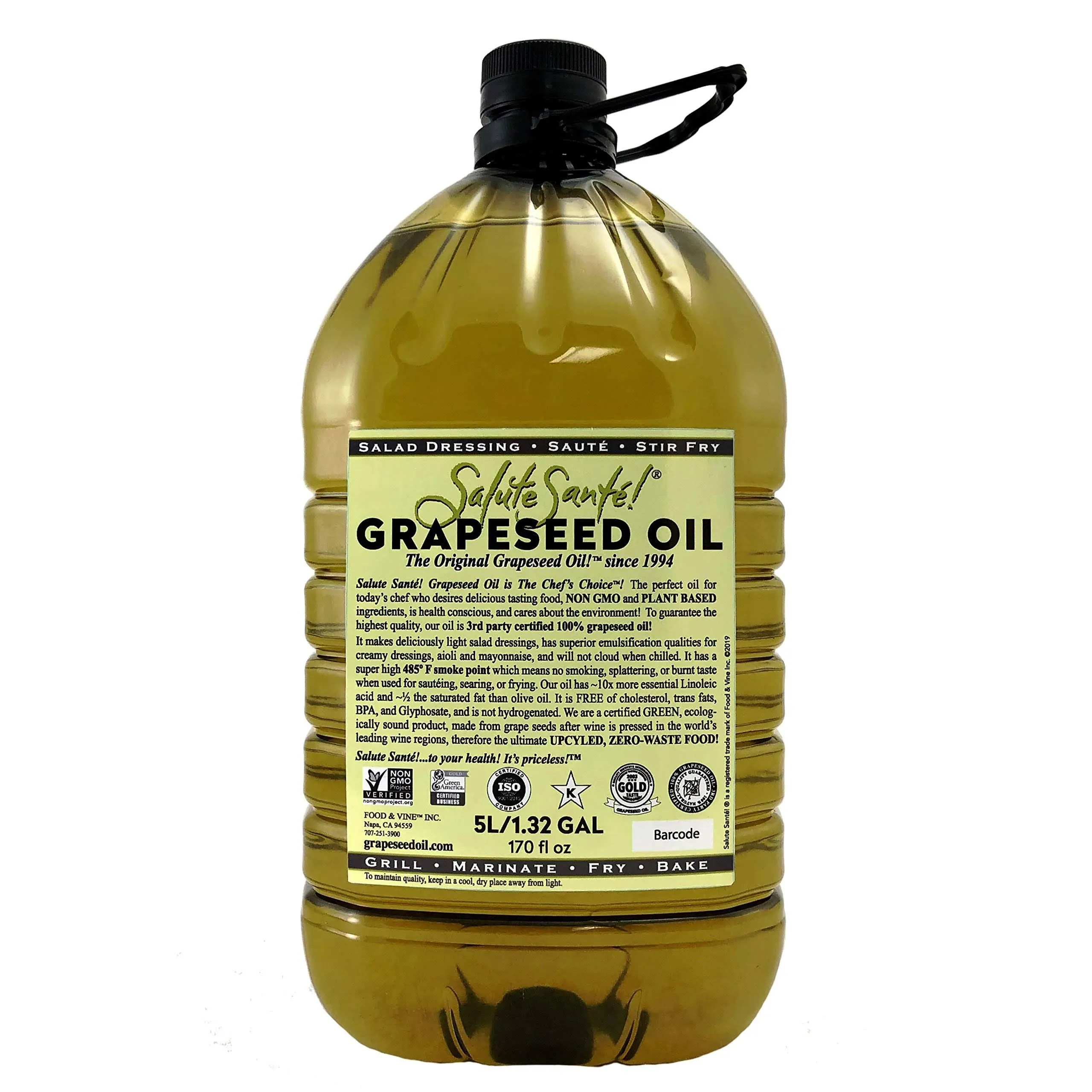 Cold Pressed Grapeseed Oil by Salute Sante! High Temperature Cooking, Healthy Grape Seed Oil, Non-GMO and Kosher for Salad Dressings, Marinades and Dips, Vegan, 5 Liter