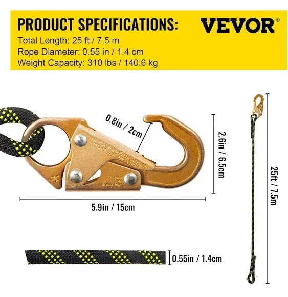 VEVOR Vertical Lifeline Assembly, 25 ft Fall Protection Rope, Polyester Roofing Rope, CE Compliant Fall Arrest Protection Equip