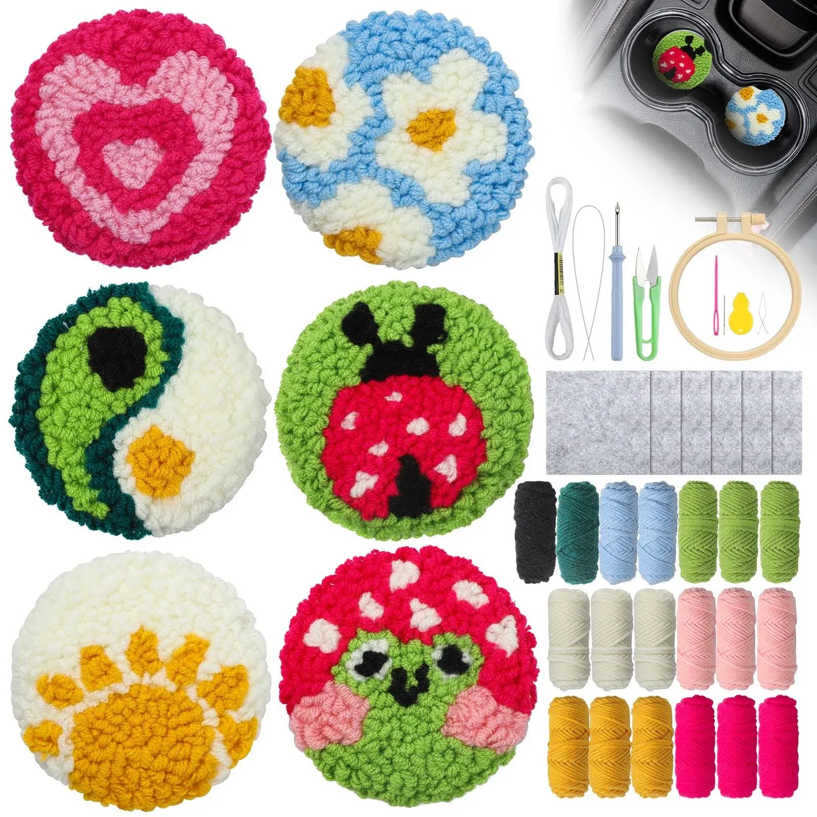 Punch Needle Coasters Kit 6 Pattern Embroidery Punch Needle Kits Adults Beginner Coasters Tufted Car Coasters DIY Rug Drink Coasters with Adhesive Felt Yarns Hoop Tools Kids Starter Crafts