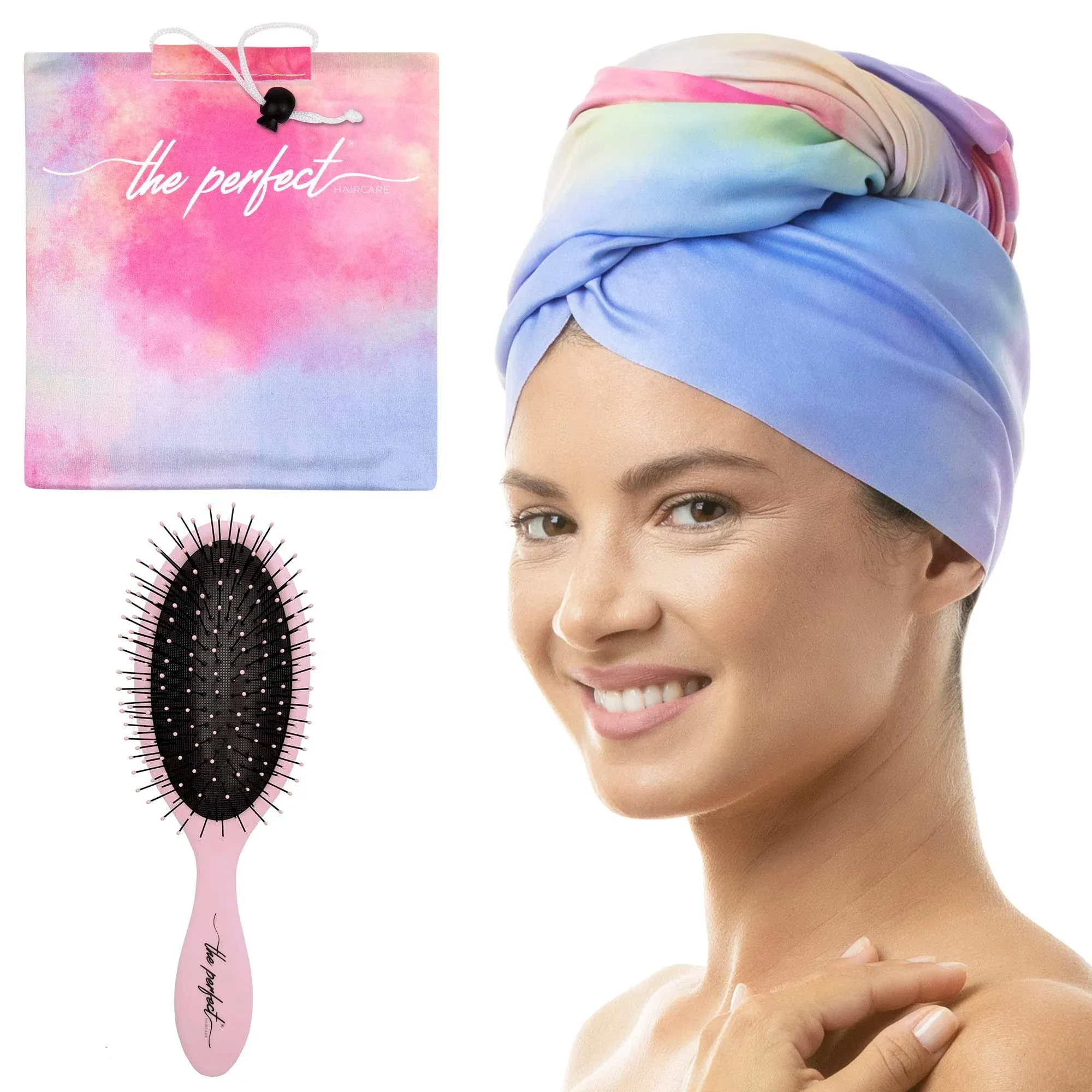 THE PERFECT HAIRCARE Microfiber Curly Hair Towel Wrap with Wet/Dry Brush - Fast Drying and Gentle Detangling for Women, Girls, Kids, Children - Great for Travel, Gifts and Hair Extensions