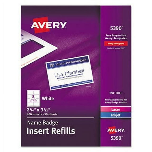 Avery 5390 Insert Badge Refill, Fits 2-1/4-Inch x3-1/2-Inch, 8/Sht, 400/Bx, We, White