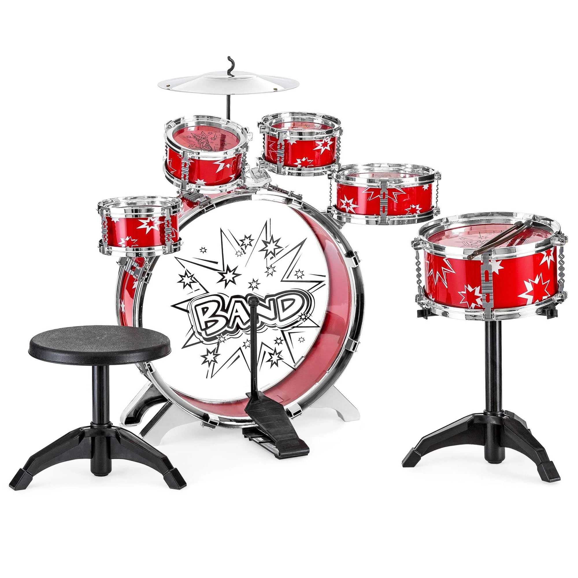 Best Choice Products 11-Piece Kids Starter Drum Set w/ Bass Drum, Tom Drums, Snare, Cymbal, Stool, Drumsticks - Red