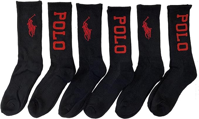 POLO Ralph Lauren Men&#039;s Sock Size 10-13 6 Pairs Classic Sport Socks Black/Red