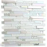 Blujellyfish Glass Metal Tile Iridescent White Glass Silver Mirror Stainless Steel Blends Interlocking Strip Wall Tiles TSTNB01