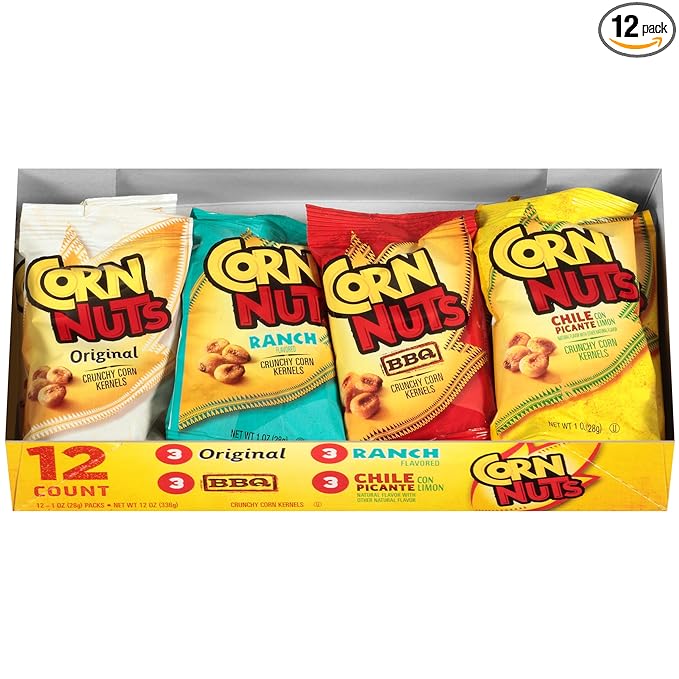 Corn Nuts Original, Ranch, BBQ, Chile Picante con Limon Crunchy Corn Kernels Variety Pack (1 oz Bags, Pack of 12)Corn Nuts Original, Ranch, BBQ, Chile Picante con Limon Crunchy Corn Kernels Variety Pack (1 oz Bags, Pack of 12)