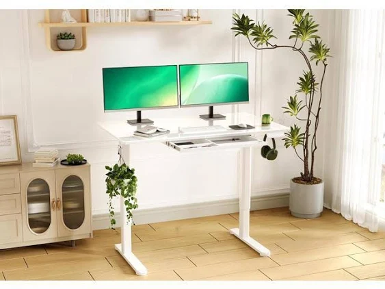 Glass Standing Desk with Drawers 48×24 Inch Adjustable Stand Up Desk Quick Install Home Office Computer Desk