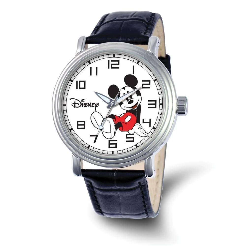 Mickey Mouse Men's Silver Vintage Alloy Watch, Black Leather Strap