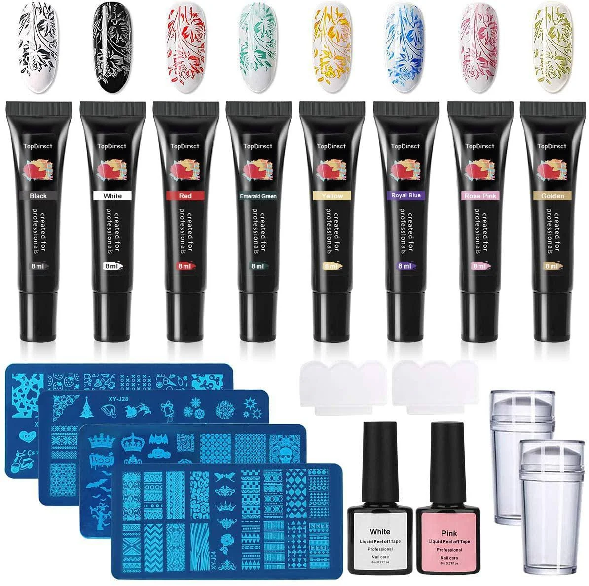 TopDirect 8 Colors Nail Stamping Gel Polish 8ml + 4pcs Nail Stamping Templates + 1 Stampers with 2 Scrapers