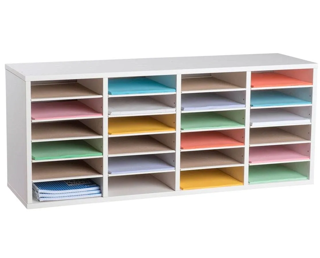 AdirOffice Wood Adjustable 24 Compartment Literature Organizer, White