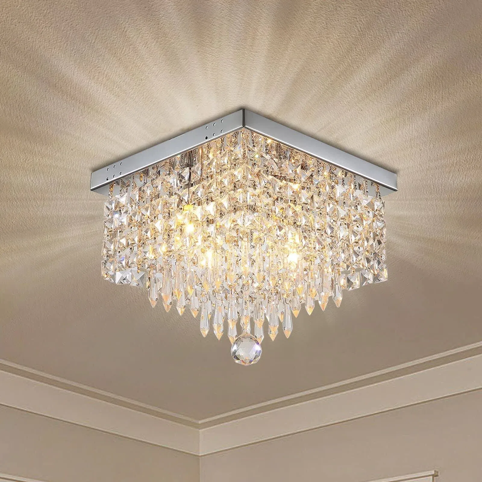 Moooni Hallway Crystal Chandeliers Modern Square Flush Mount Ceiling Light Fixture 4-Light Flush Mount Raindrop Chandelier for Dining Room Closet Foyer Entryway W12