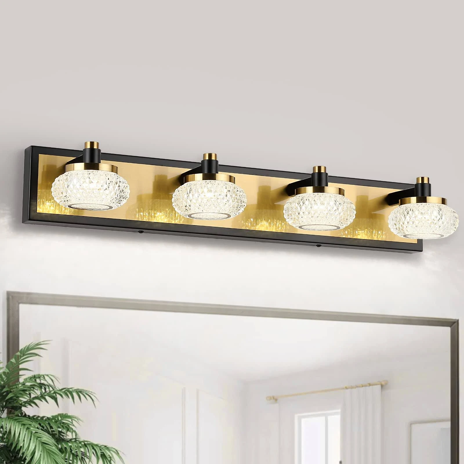 4-Light Bathroom Vanity Light Fixture Over Mirror Modern LED Acrylic Wall Lights for Bathroom 26" Inch Long Dimmable Black and Gold Color 4000K 20W 110V AC.