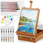 Falling in Art Beechwood Tabletop Easel Set with 12 Tubes Acrylic Paints Canvas Panels Brushes Palette – 24 Pieces Artist Acrylic Painting Set