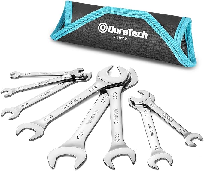 DuraTech Double Open End Spanner Set, Super-Thin Open Ended Wrench Flat Spanner Set for Narrow Space, Carbon Steel, Mirror-Chrome Plated, 8-Piece, Me