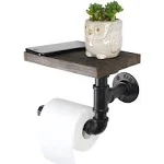 Toilet Paper Holder with Shelf, Rustic Toilet Paper Roll Holder with Wooden Shelf and Industrial Iron Pipe, Pipe Toilet Paper Holder for Bathroom, Washroom