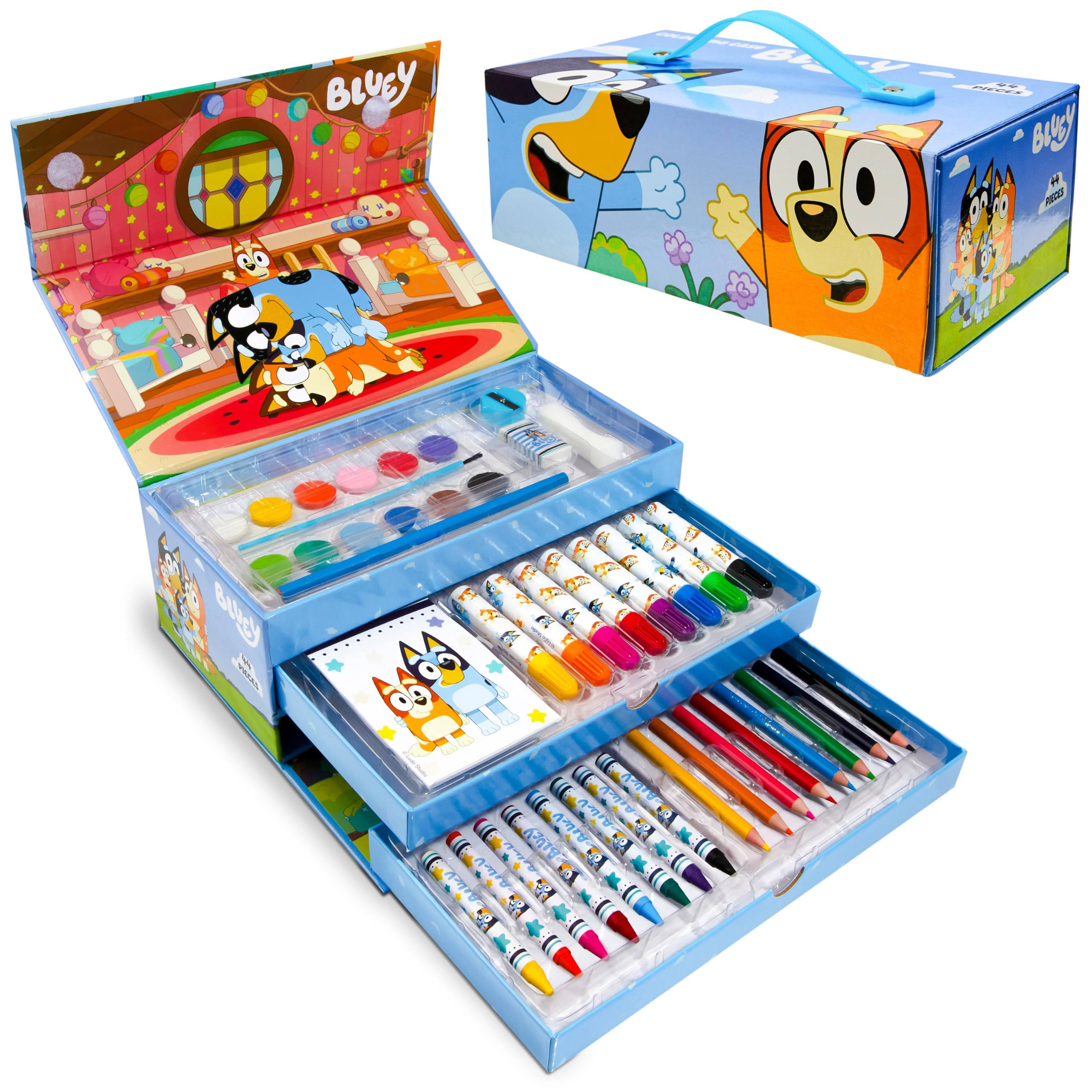 Bluey Kids Art Supplies Set, Painting Drawing Kit Crayons Coloring Pencils Colored Markers in Travel Art Case Fun Arts and Crafts (Blue 3 Tier)