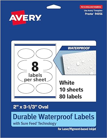 Avery Durable Waterproof Oval Labels with Sure Feed, 2" x 3-1/3", 80 Oil and Tear-Resistant Waterproof Labels, Print-to-The-Edge, Laser/Pigment-Based Inkjet Printable Labels