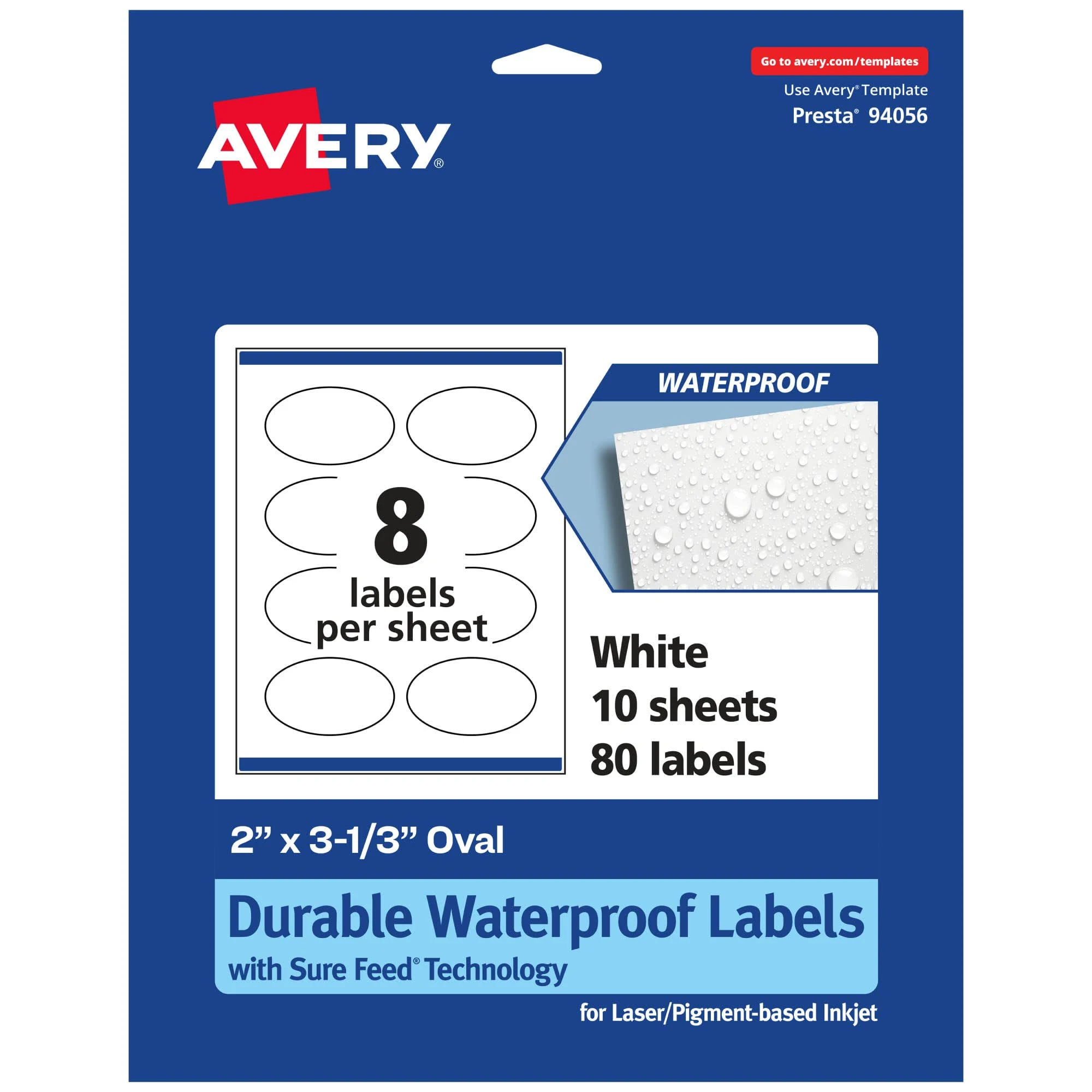 Avery Durable Waterproof Oval Labels with Sure Feed, 2" x 3-1/3", 80 Oil and Tear-Resistant Waterproof Labels, Print-to-The-Edge, Laser/Pigment-Based Inkjet Printable Labels