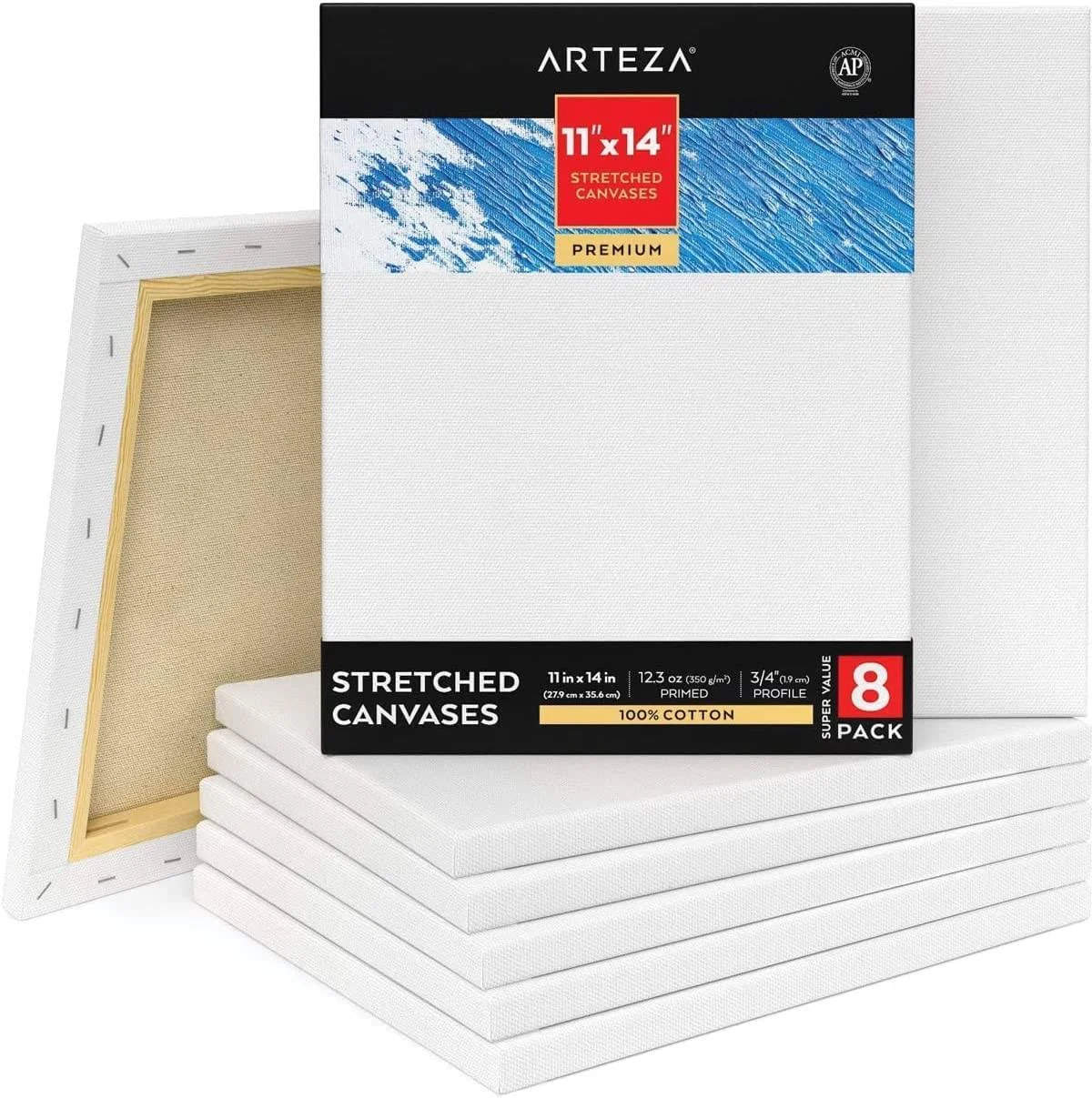 Stretched Canvas Pack of 8, 12 x 12 Inches, 100% Cotton, Pine Wood, Gesso-Pri...