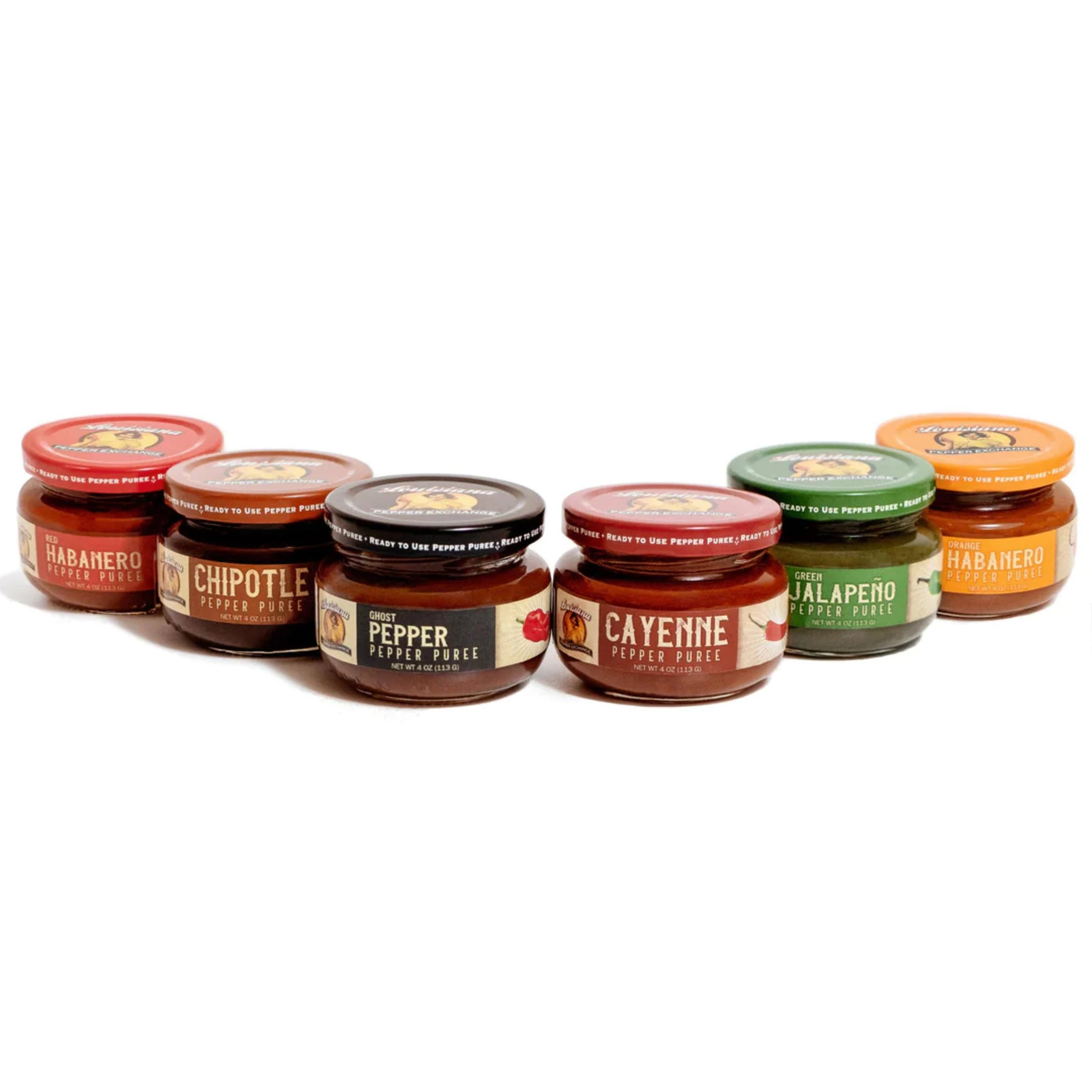 Louisiana Pepper Exchange Fresh Pepper Puree Sauce Salsa Seasoning, Plant-Based, Gluten-Free, Variety Pack of 6 Flavors, Jalapeno, Chipotle, Cayenne, Orange and Red Habanero, Ghost Pepper, 4 oz Each