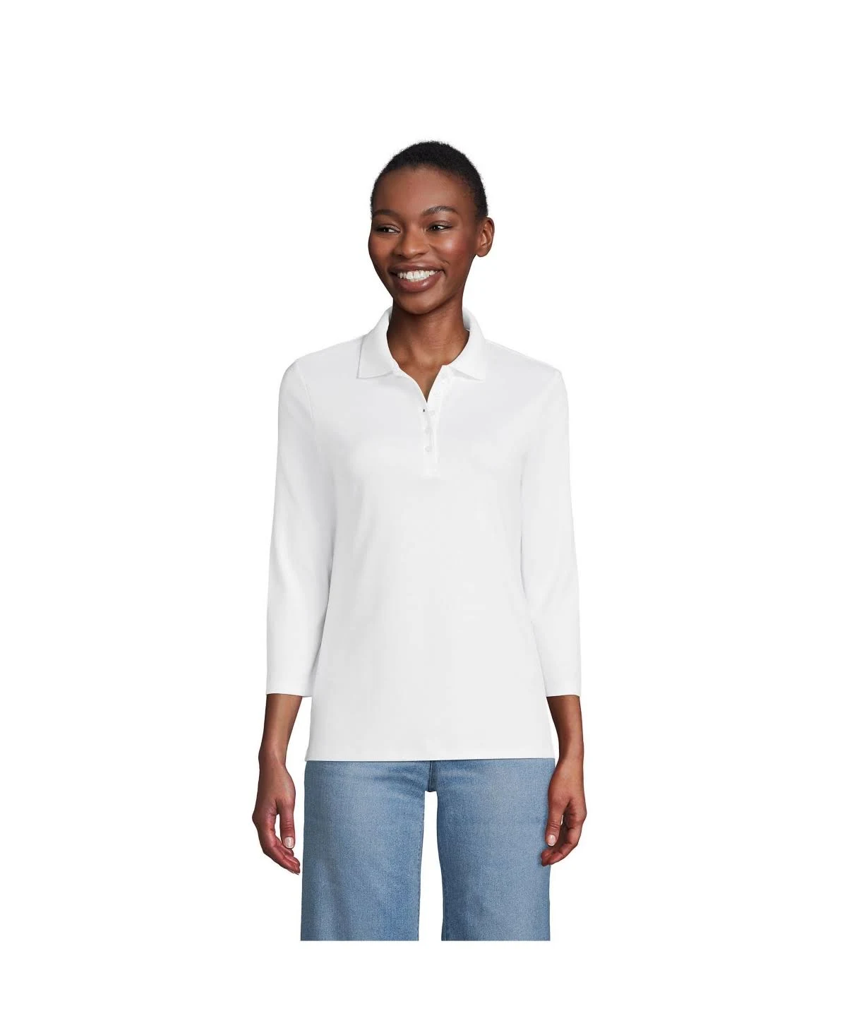 Lands' End Women's 3/4 Sleeve Supima Cotton Polo Shirt - Small - White