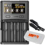 Nitecore SC4 Superb Charger with USB Output Includes Car Charger Adapter and LumentTac Battery Organizer Bundle for 18650 17650 17670 RCR123A 16340