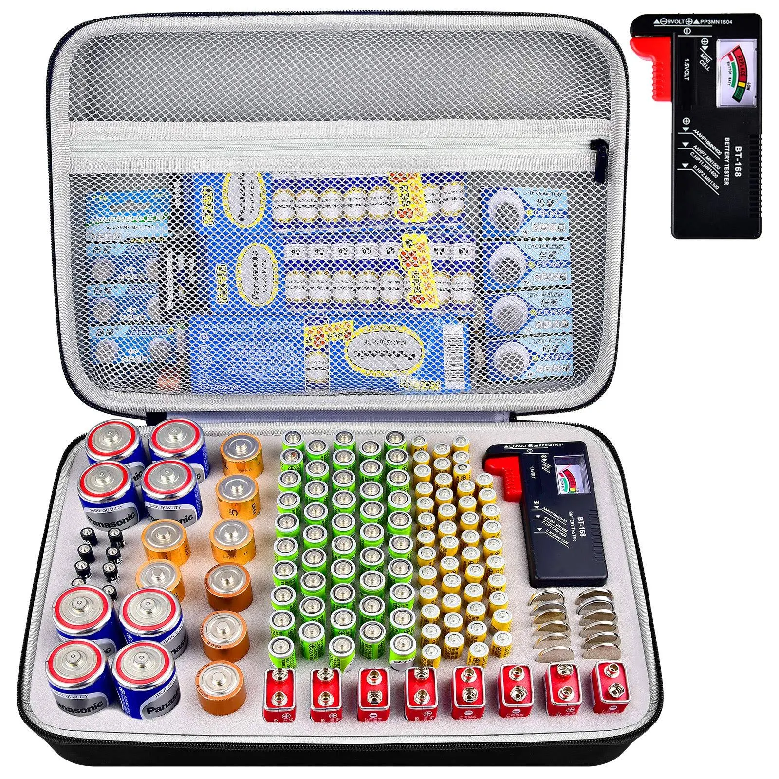 PAIYULE Battery Organizer Storage Case with Tester, Battery Box Holder Garage Container Bag Fits for AA AAA AAAA 9V C D Lithium 3V(Not Includes Batteries)