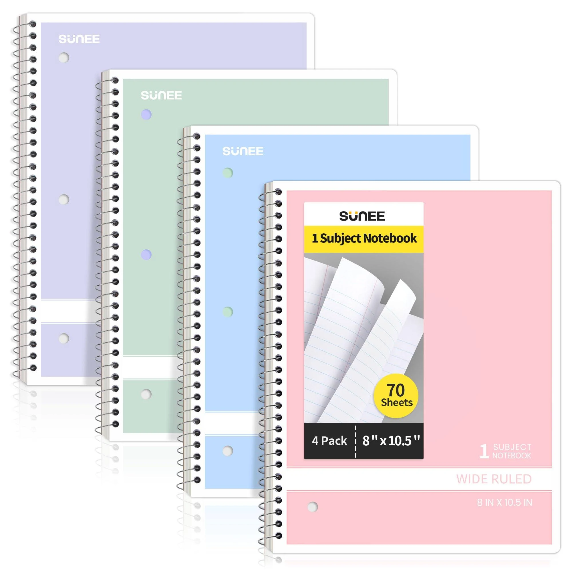 Colorful Spiral Notebooks 4 Pack - Perfect for School, Home, and Office - Wide Ruled, 1-Subject, 70 Sheets, 8 x 10-1/2 in - 3-Hole Punched Paper