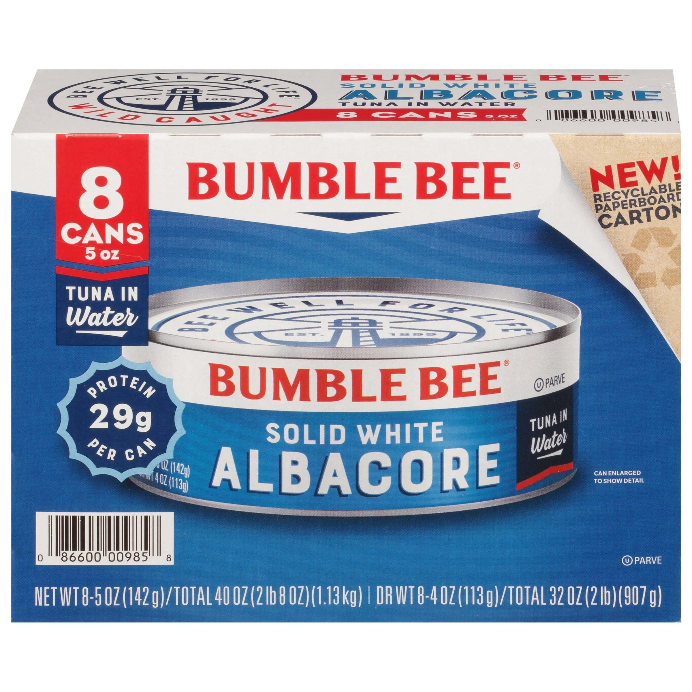 Bumble Bee Solid White Albacore Tuna in Water 5 oz Can (Pack of 8) - Wild Caught Tuna - 29g Protein per Serving - Non-GMO Project Verified Gluten Free Kosher - Great for Tuna Salad & Recipes