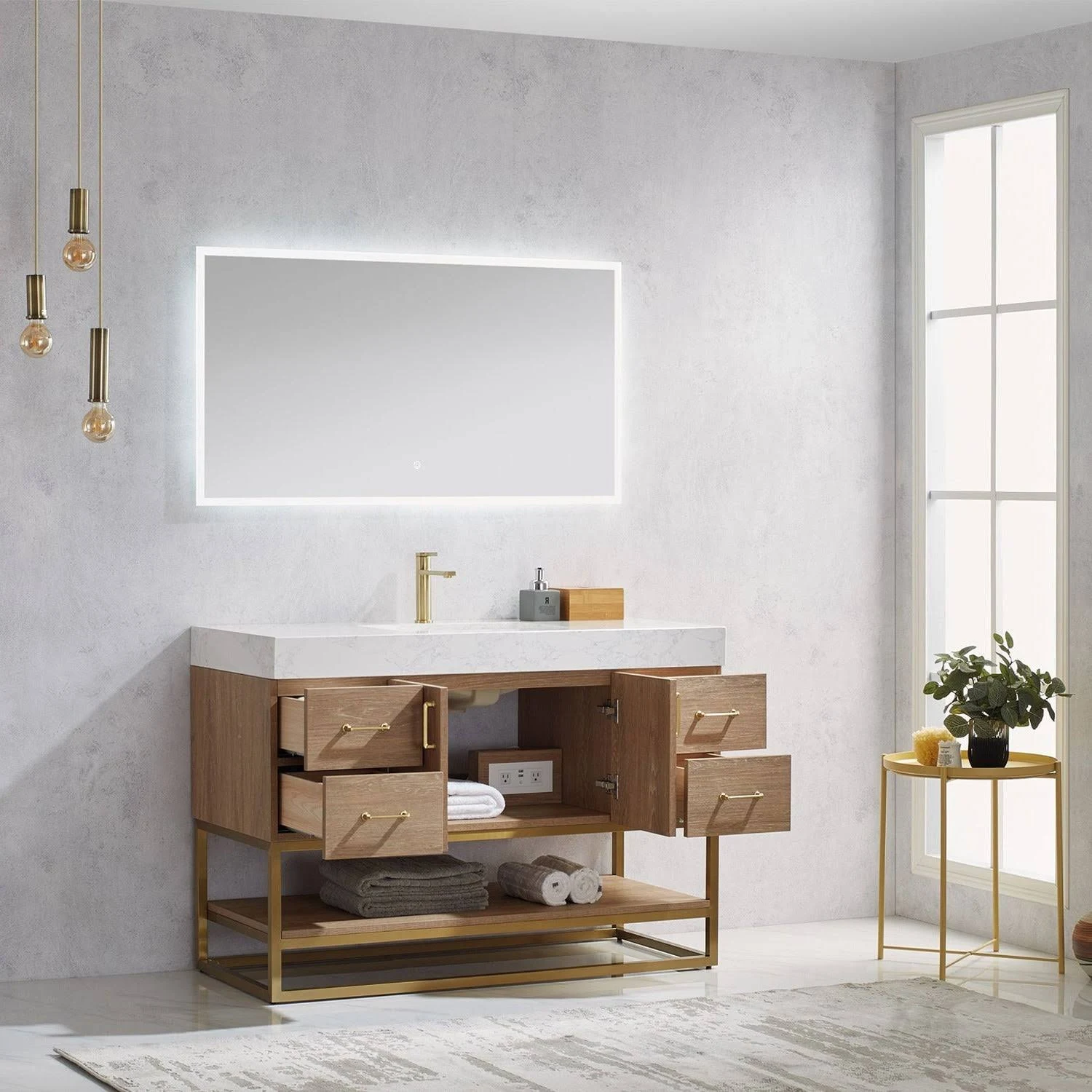 Alistair 36 in. Bath Vanity in North American Oak with Grain Stone Top in White with White Basin