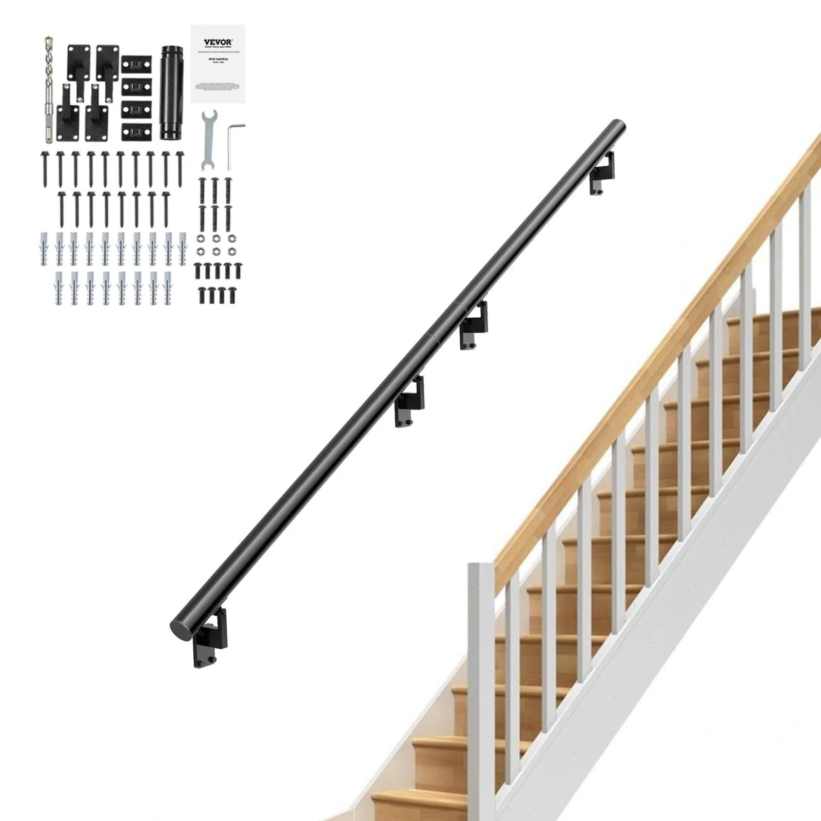 VEVOR Handrail Stair Railing 7 in. H x 144 in. W Wall Mount Handrails Black Aluminum Alloy Handrails for Indoor Stairs