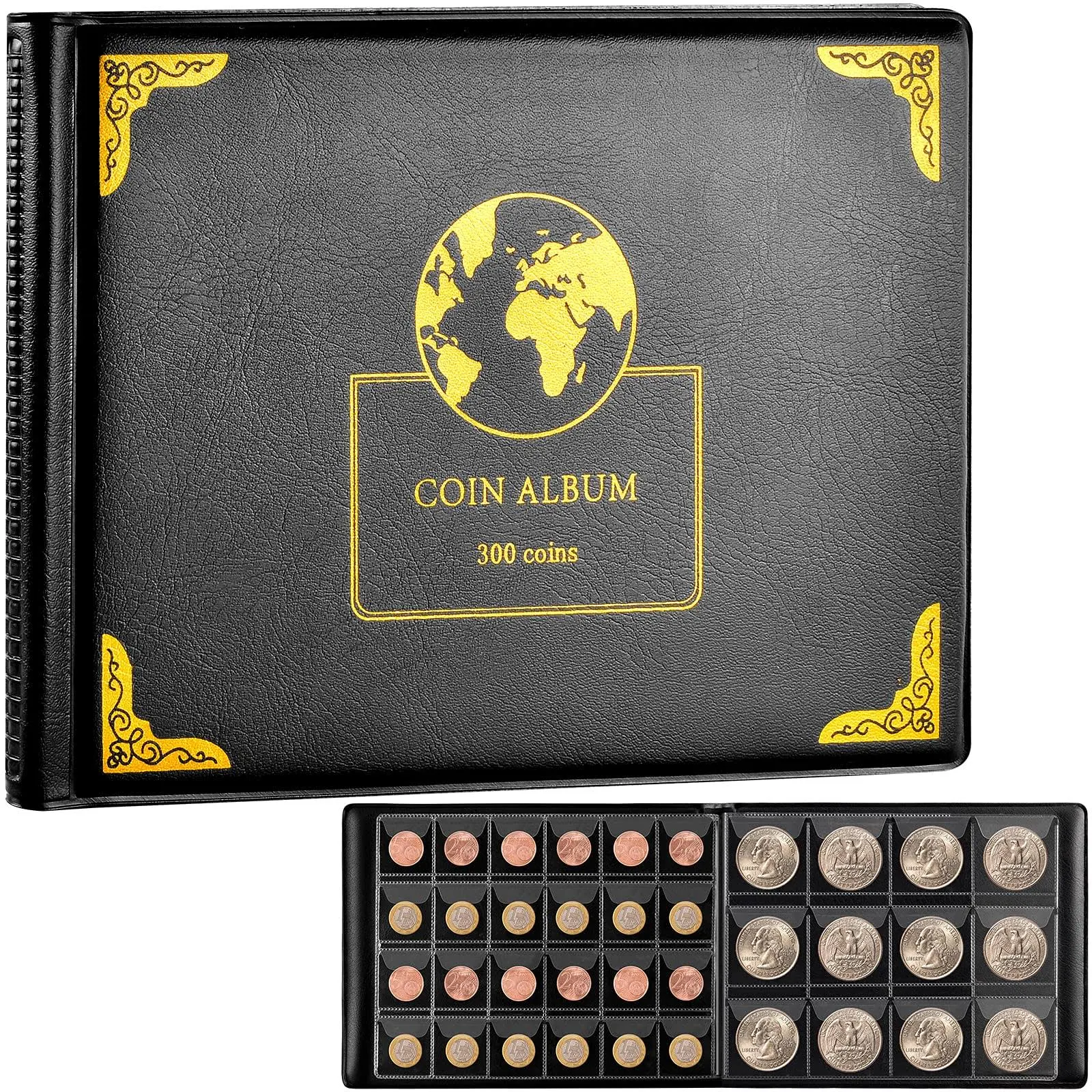 Coin Collection Supplies Holder Book for Collectors, 300 Pockets Coin Collection Organizer Storage Box Case Album for 20/25/ 27/30/ 38mm Coin (Earth Pattern Black)