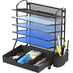 6 Tier Desk Document File Tray Organizer with Supplies Sliding Drawer, Black