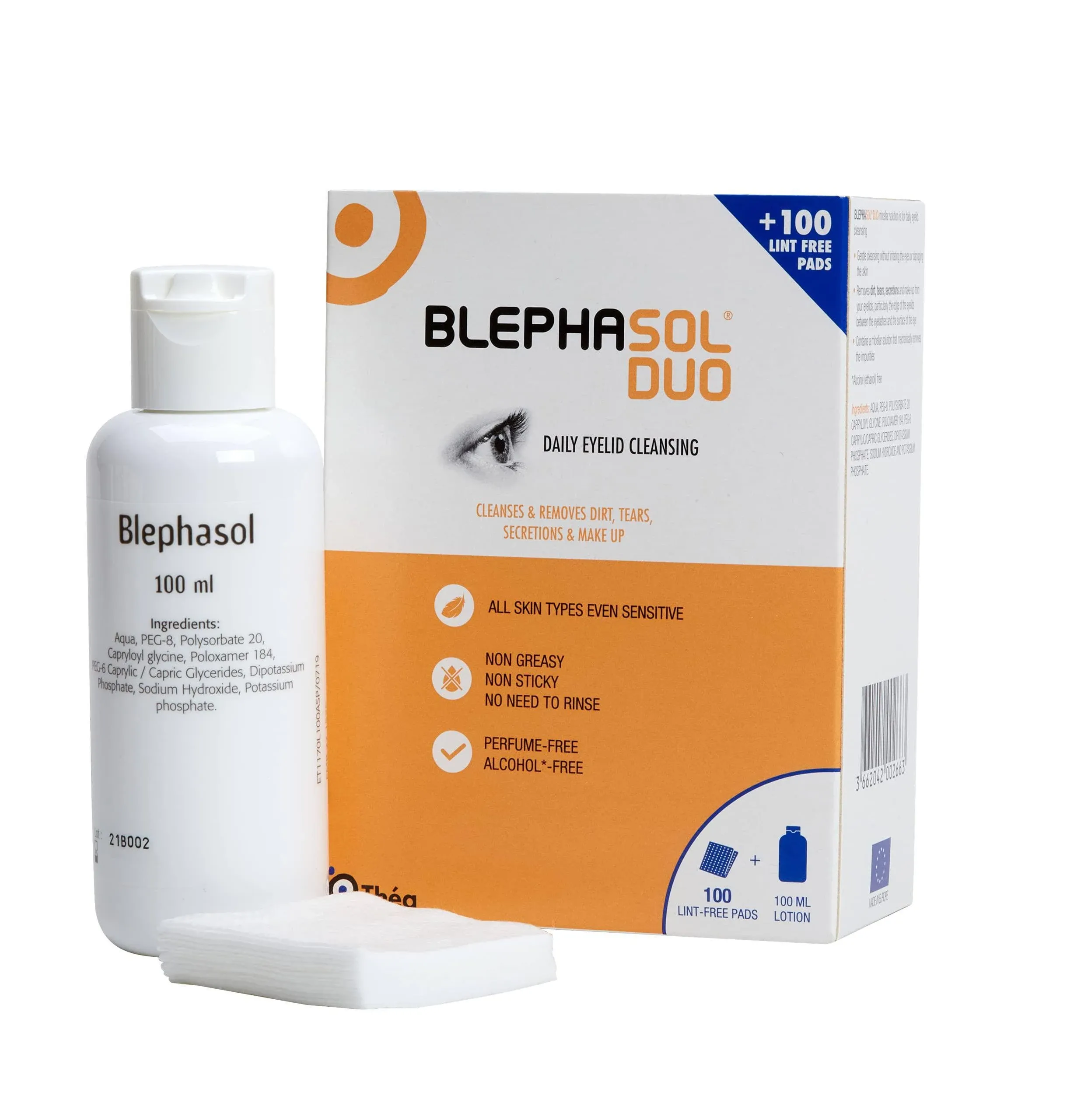 Thea Pharma Blephasol Duo 100ml Eyelid Cleansing Micellar Lotion with 100 Cotton Pads for Daily Eyes Care | Preservatives Free | Suitable for Contact