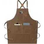 AFUN Chef Aprons for Men Women with Large Pockets, Cotton Canvas Cross Back Heavy Duty Adjustable Work Apron, Size M to XXL (Brown)