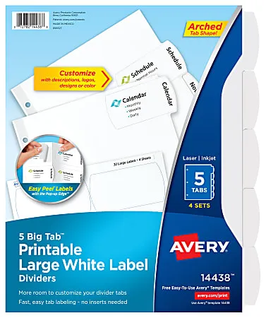 Avery Big Tab Printable Large Label Tab Dividers 5-Tab White 4 Sets 14438